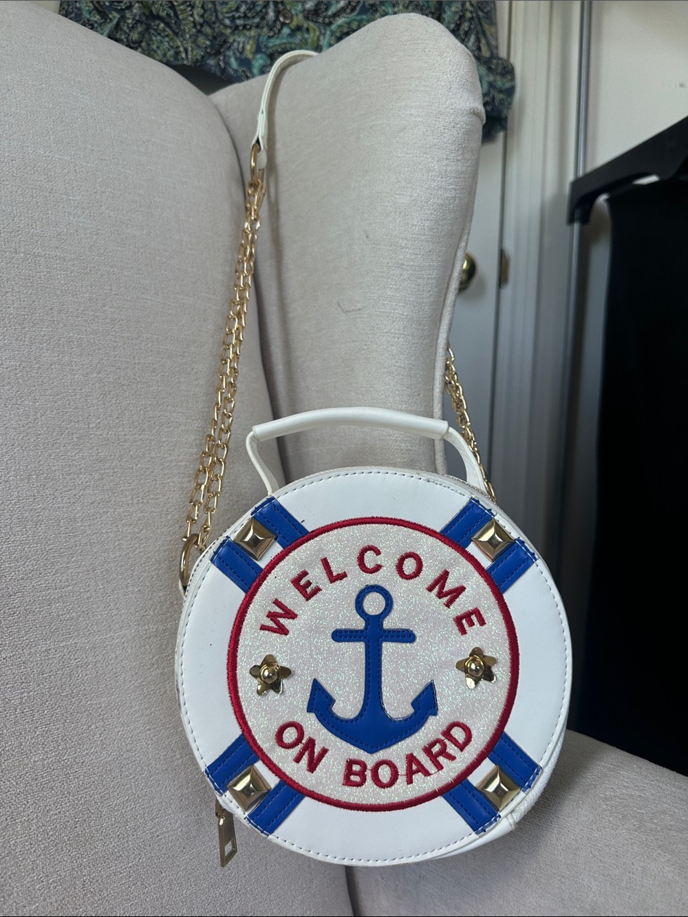 White Nautical Anchor Round Crossbody Bag with Gold Chain